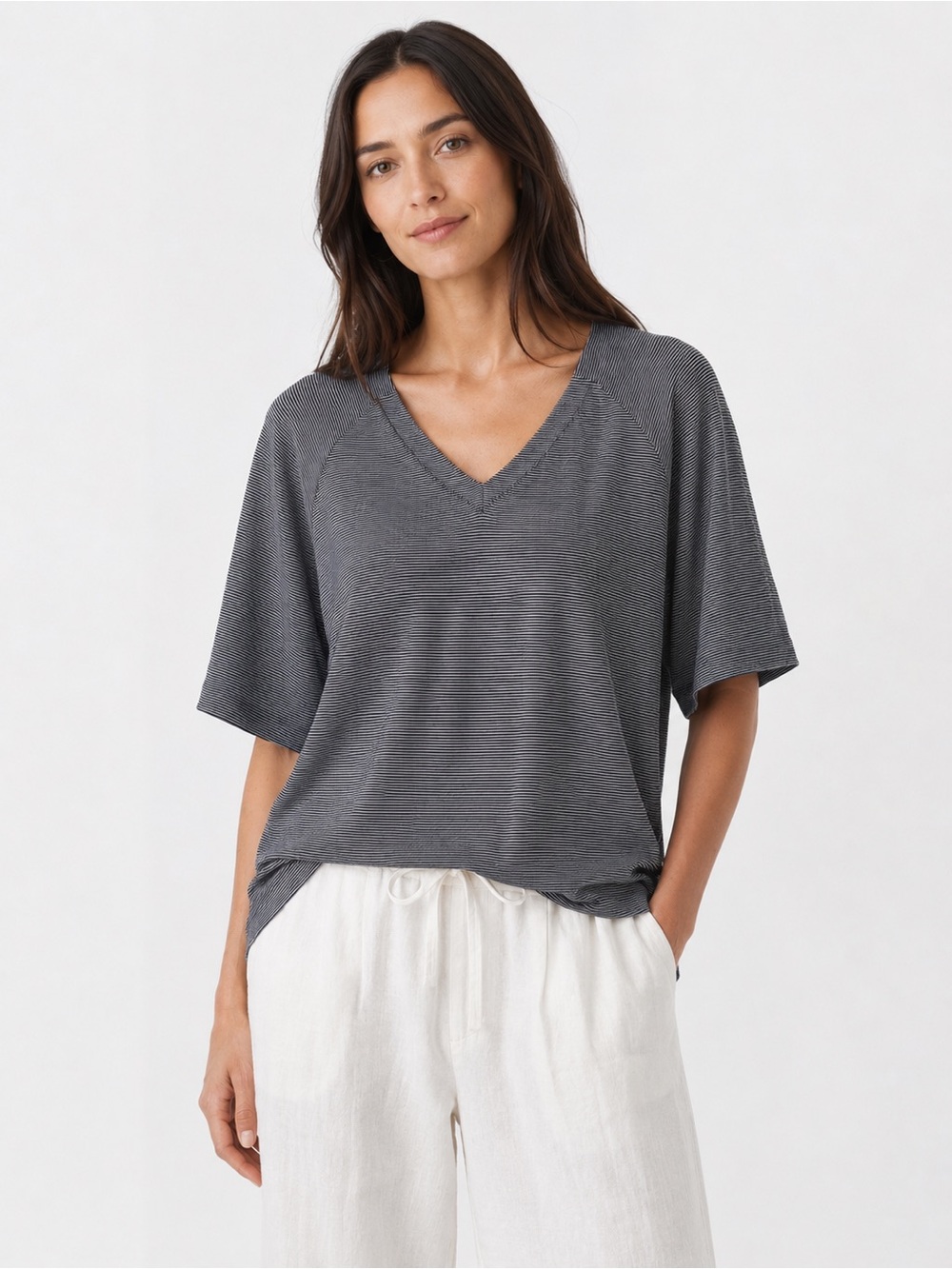 EILEEN FISHER ORGANIC LINEN NAVY WHITE STRIPED ORGANIC T SHIRT TOP SZ M